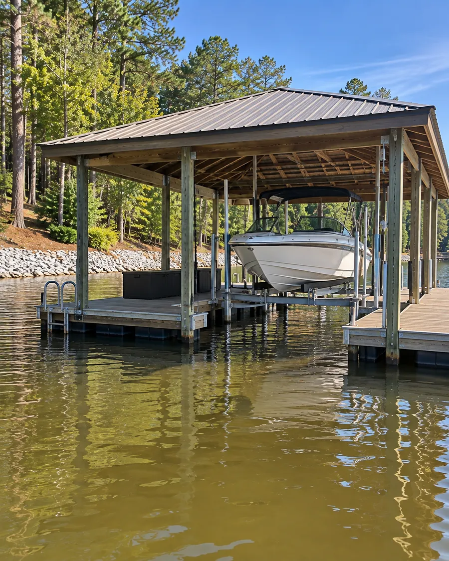 A runabout raised on a lift inside the slip of an open-sided boathouse