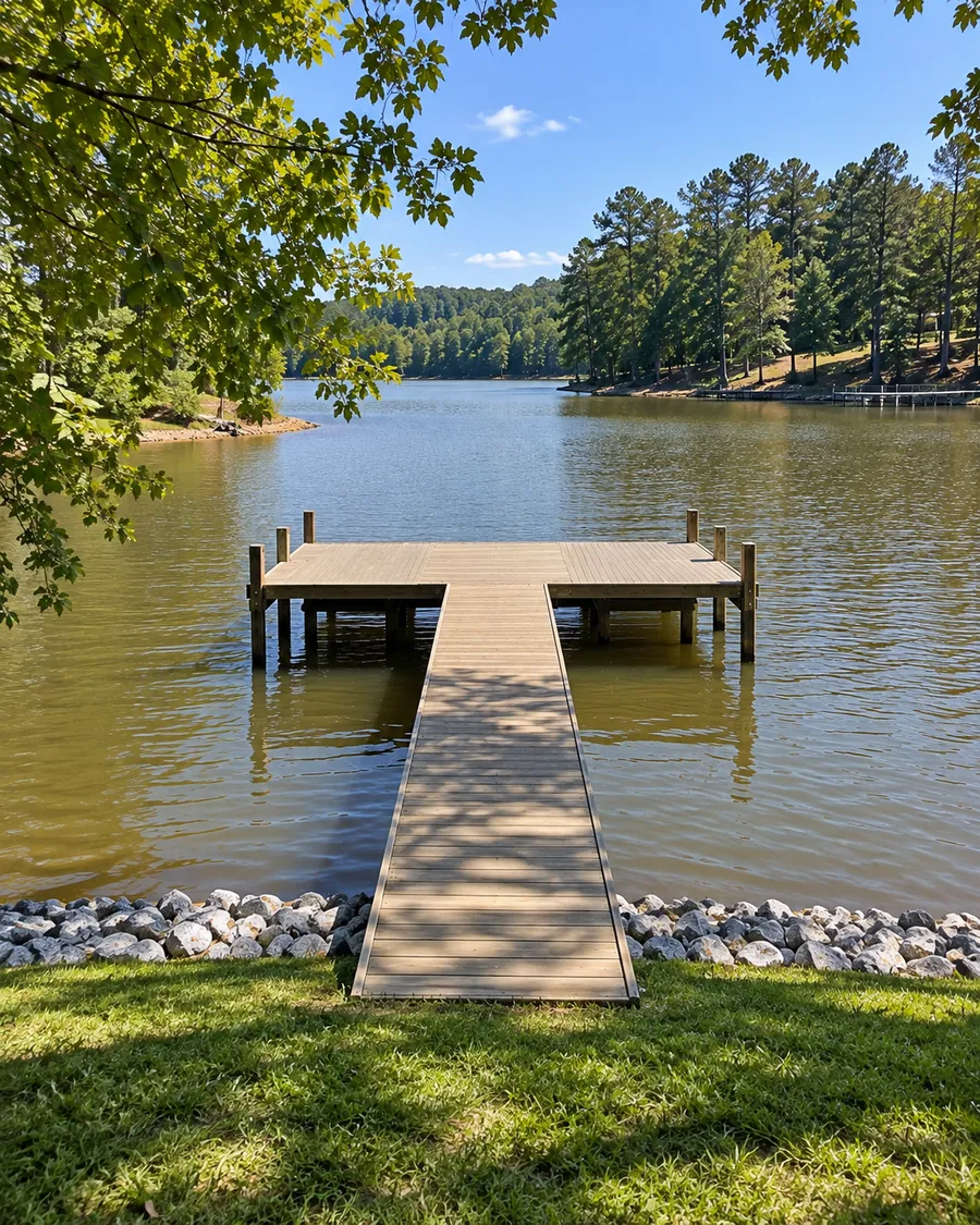 A rectangular wooden dock at the end of a narrow walkway running straight out from a grassy lake shore