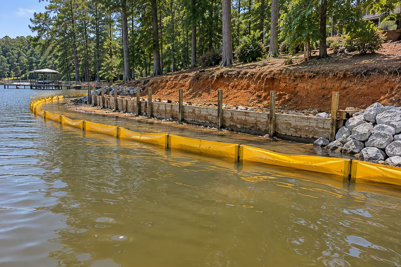 A yellow floating turbidity curtain strung in the water a few feet off a shoreline where a wall is being rebuilt