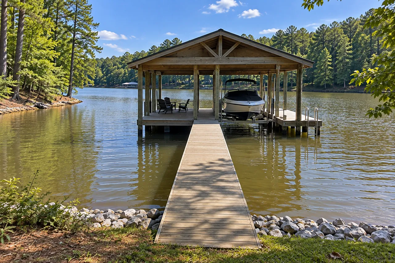 An open-sided boathouse with a gable roof standing over the water at the end of a walkway