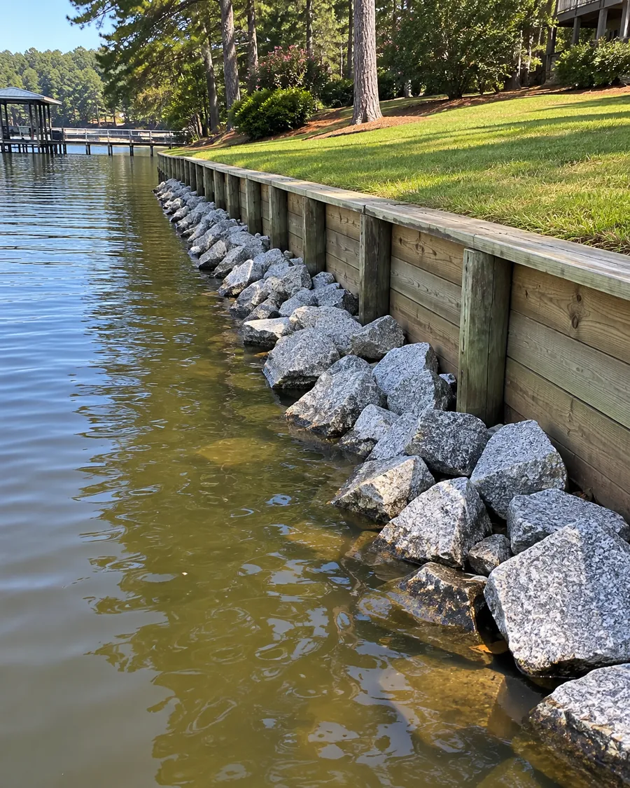 Gray riprap stone piled along the base of a wooden seawall at the edge of a lake