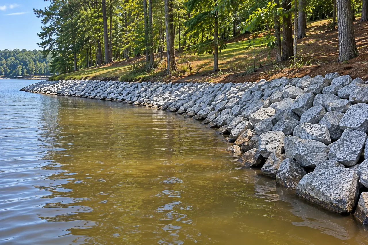 A sloped band of riprap stone following the curve of a cove, with grass and trees above it