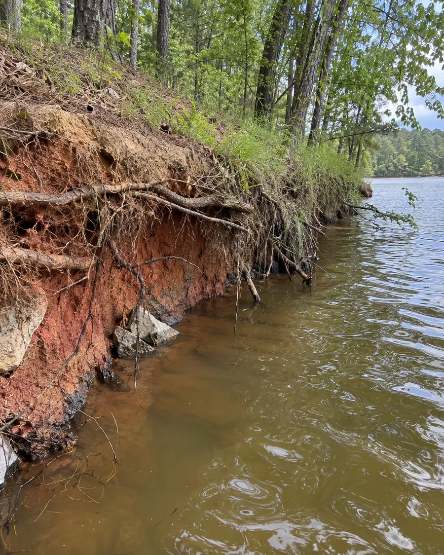 A steep, undercut red clay lake bank with grass overhanging the water and tree roots exposed along the face