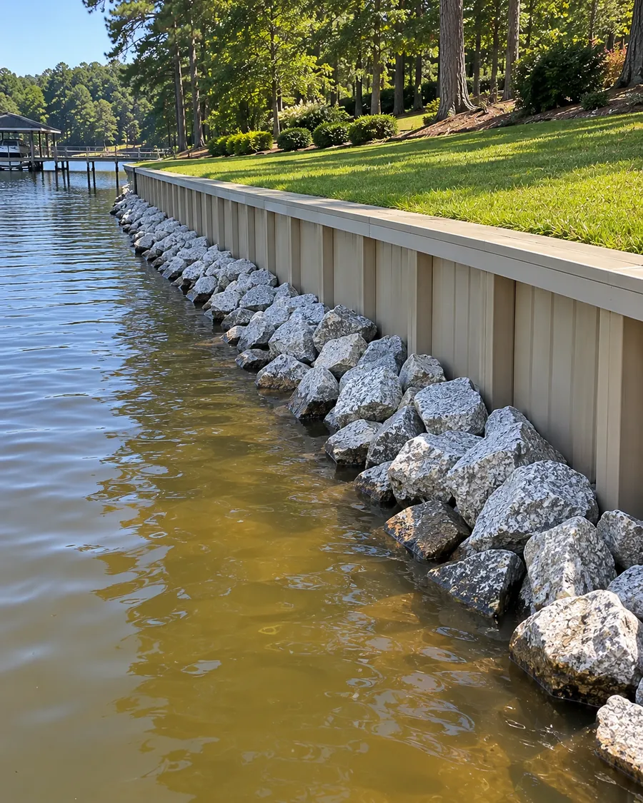 A vinyl seawall along a lawn at the lake's edge, with a band of gray stone along its base in the water