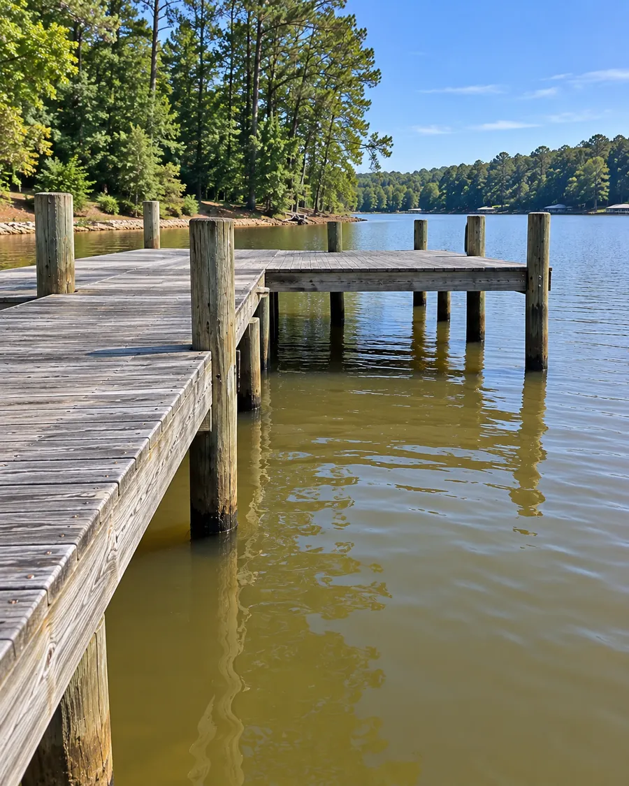 Weathered wooden dock decking on wooden pilings over calm lake water